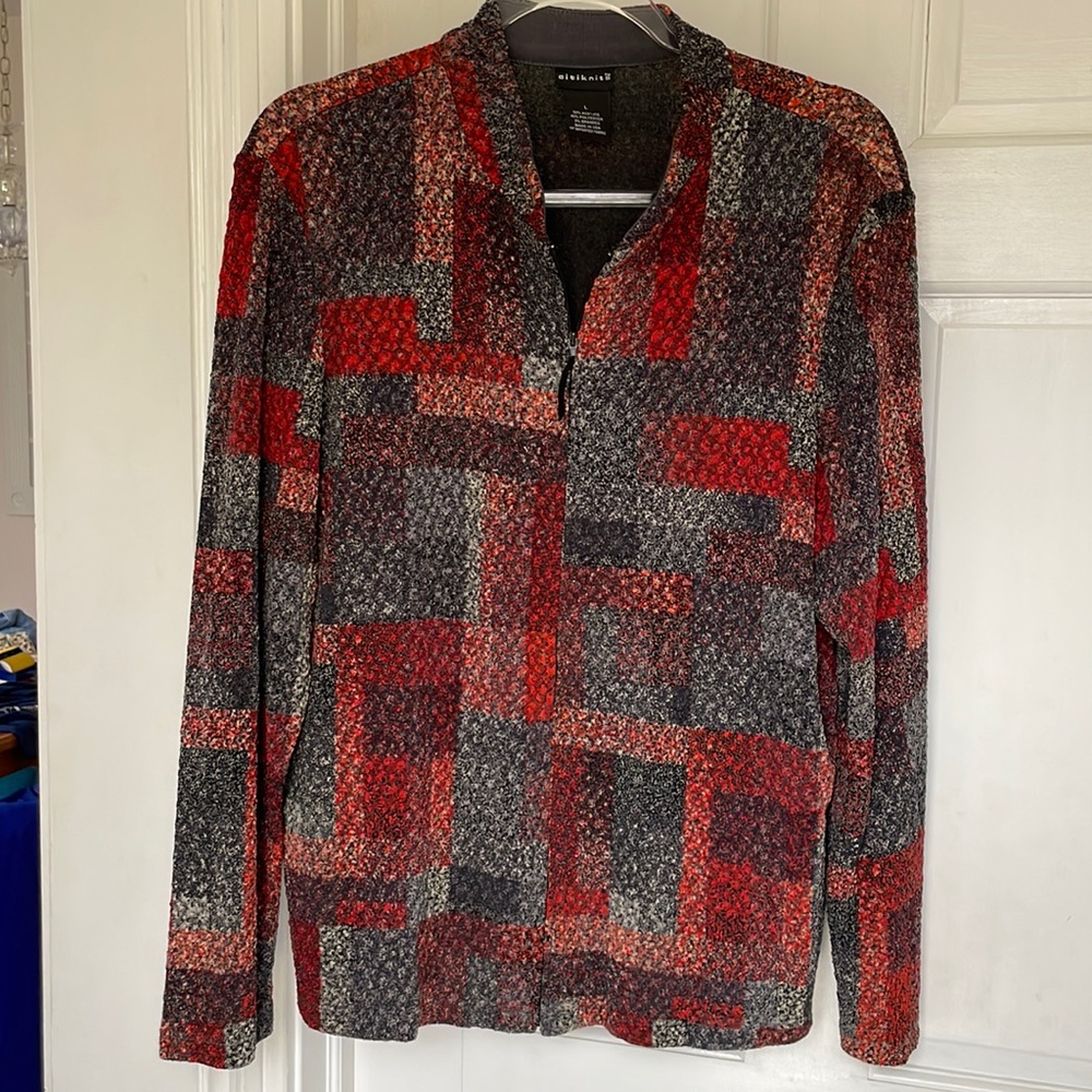 QVC, Citiknits, Large, lightweight zip front cardigan jacket, grey and red